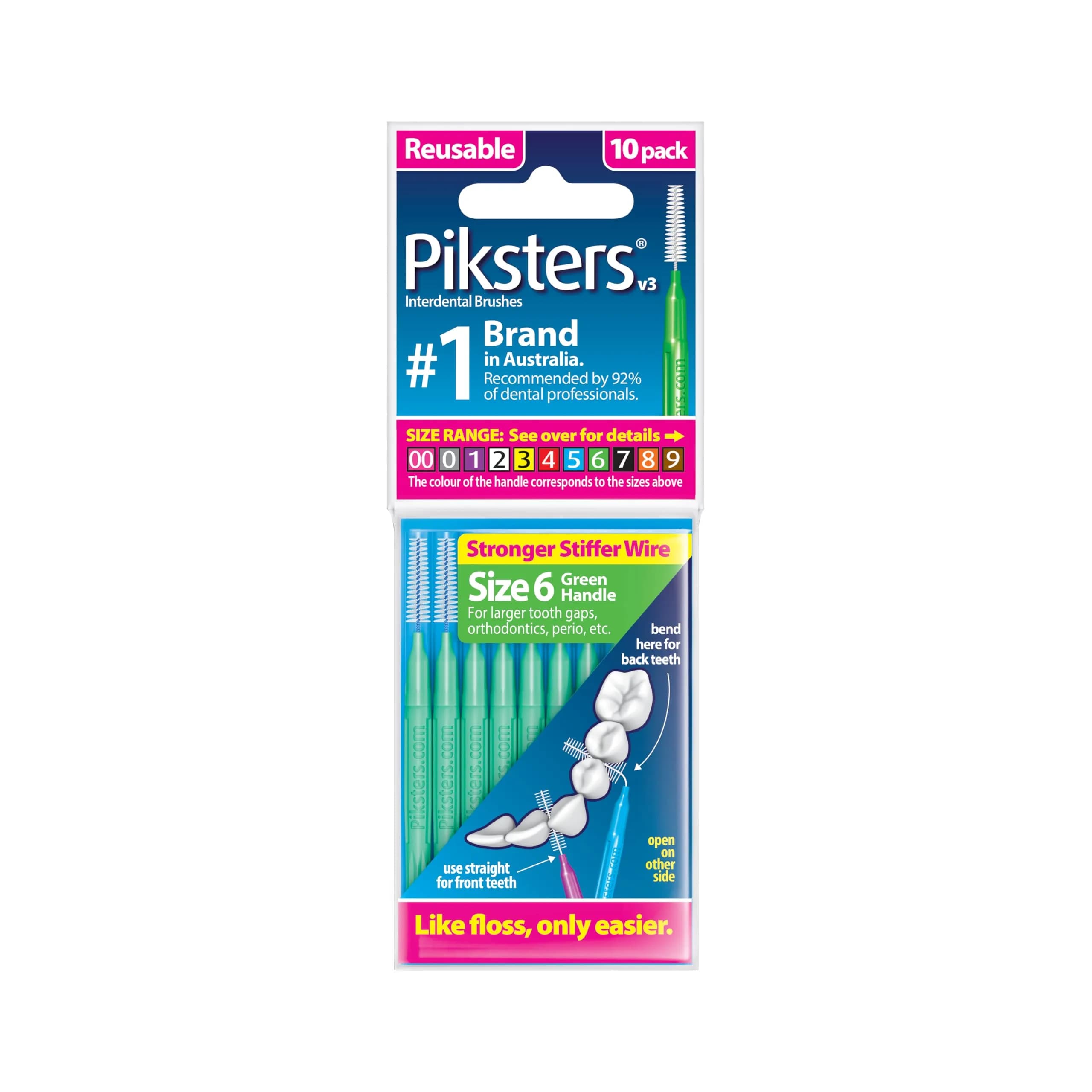 Piksters Interdental Brush Extra Large Gaps 10 Pack Green Size 6 | Dentist Recommended for Plaque Removal - main product image