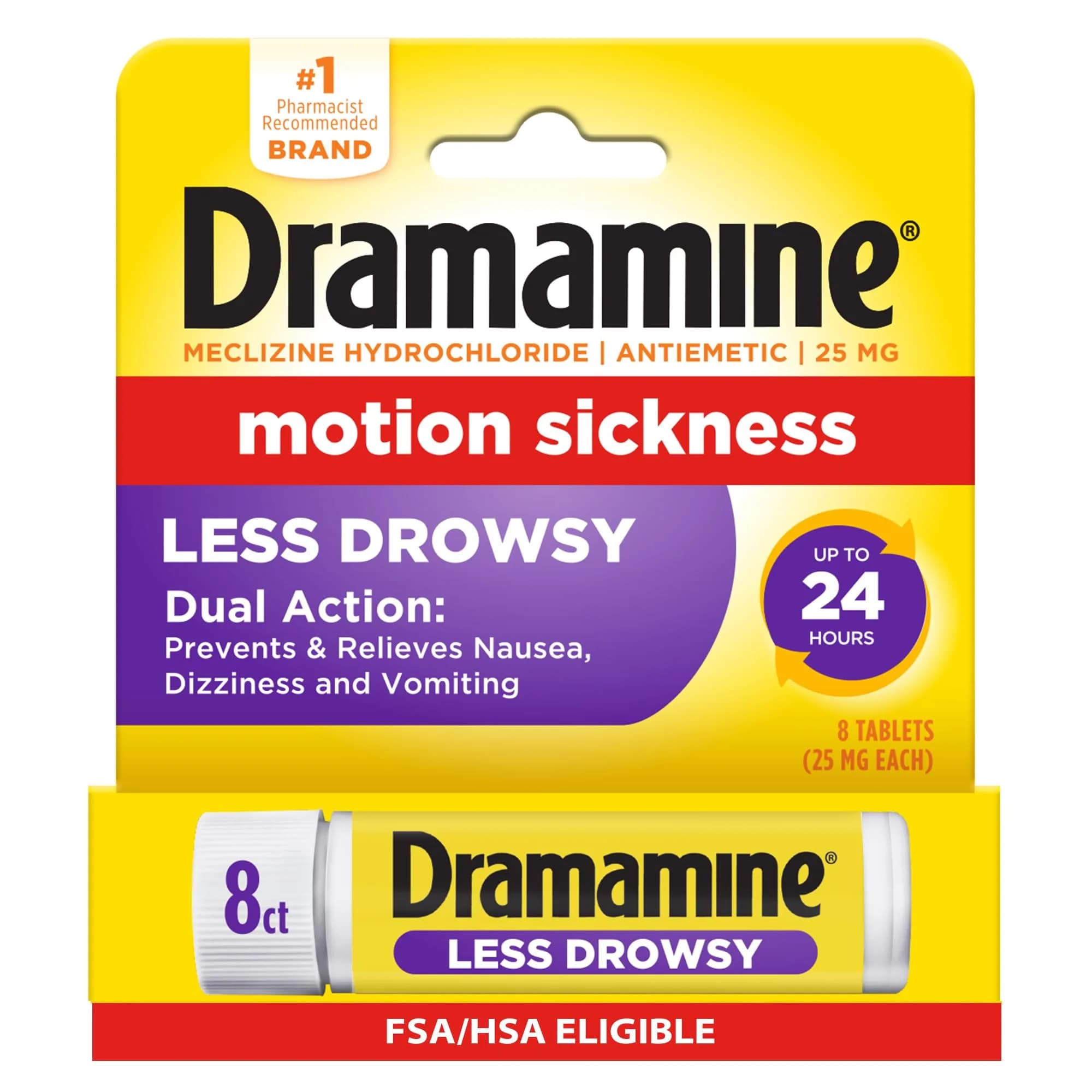 Dramamine Less Drowsy Motion Sickness Relief Tablets 8 Count | Prevents Nausea & Dizziness for 24 Hours - main product image