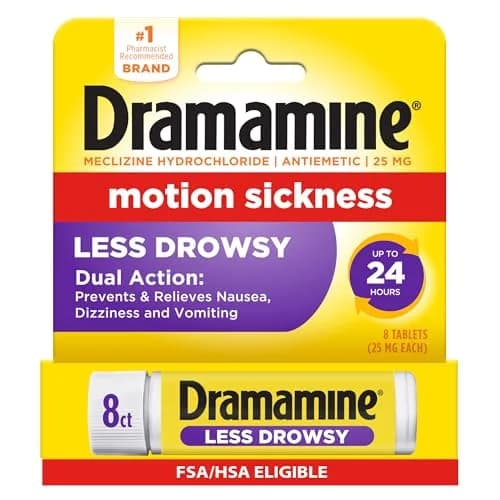 Dramamine Less Drowsy Motion Sickness Relief Tablets 8 Count | Prevents Nausea & Dizziness for 24 Hours thumbnail 1