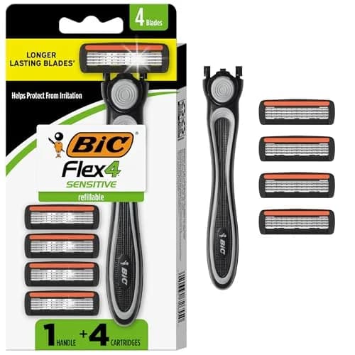 BIC Flex 4 Mens Refillable 4-Blade Razor | Sensitive Skin, Up to 48 Shaves, Black/Green thumbnail 1