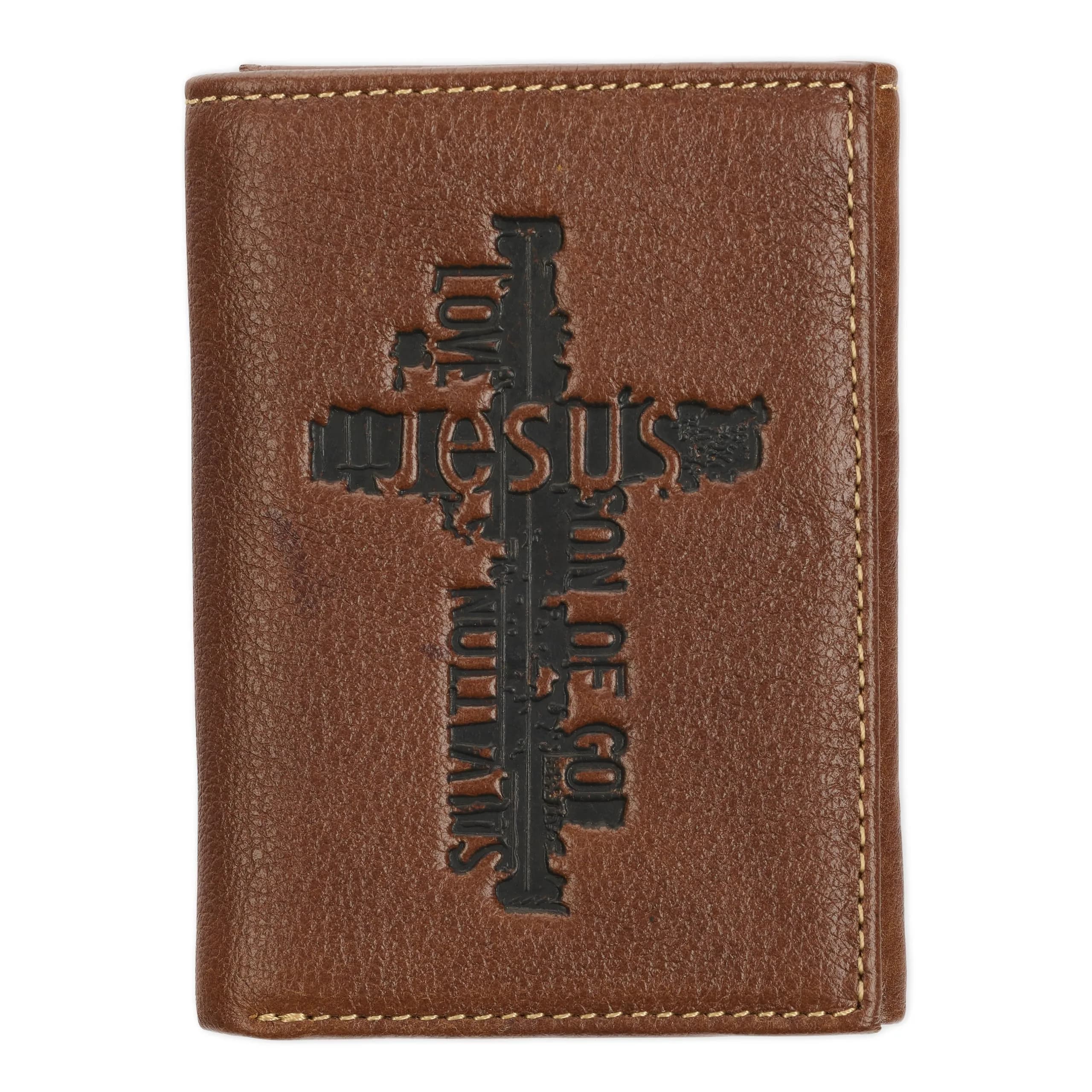Christian Art Gifts Full Grain Leather Bifold Scripture Wallet, RFID Blocking, Wings Like Eagles, Brown | Inspirational Christian Accessory — Brown/Jesus Cross / Tri-fold