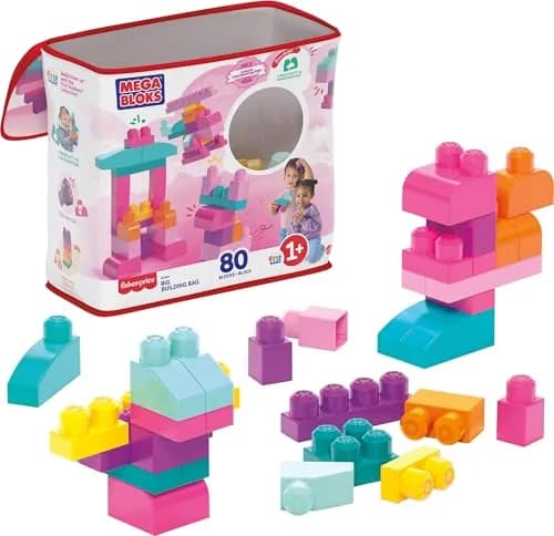 Mega Bloks First Builders Big Building Bag Toddler Toy Blocks Set, 80 Pieces, Pink | ASTM-Tested Educational Toy — Building Bag Pink