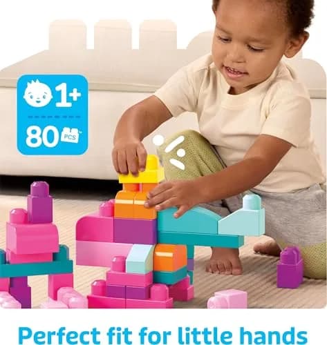 Mega Bloks First Builders Big Building Bag Toddler Toy Blocks Set, 80 Pieces, Pink | ASTM-Tested Educational Toy thumbnail 5
