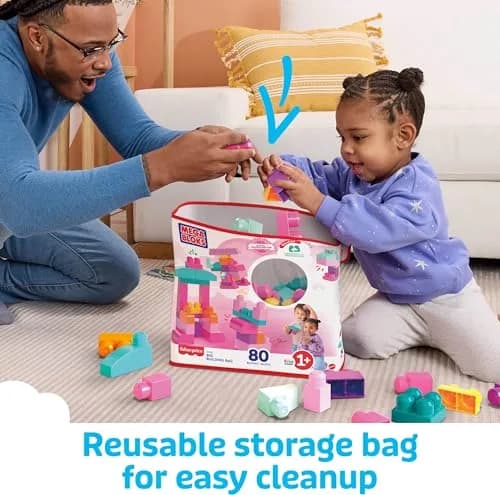 Mega Bloks First Builders Big Building Bag Toddler Toy Blocks Set, 80 Pieces, Pink | ASTM-Tested Educational Toy thumbnail 7