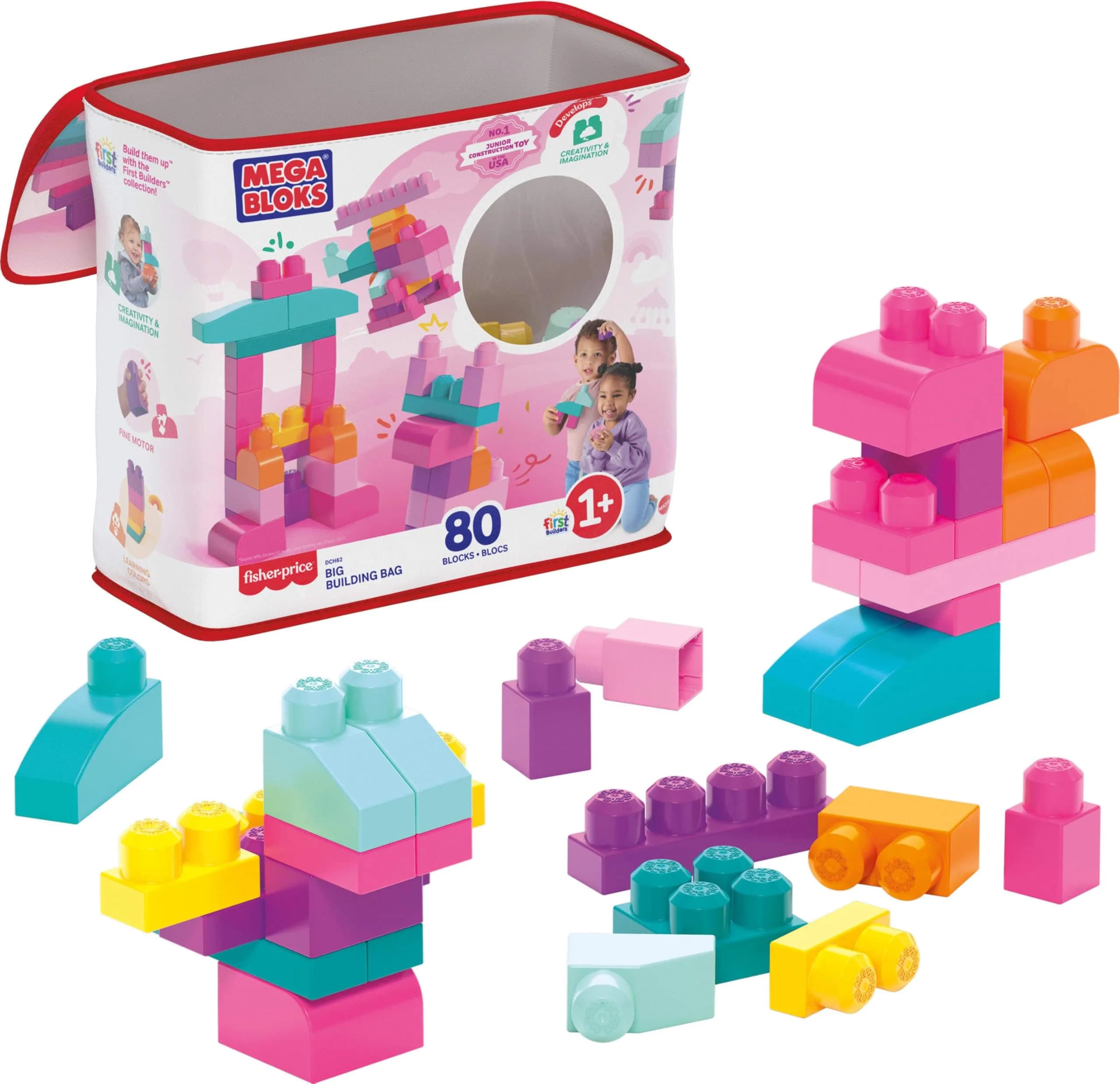 Mega Bloks First Builders Big Building Bag Toddler Toy Blocks Set, 80 Pieces, Pink | ASTM-Tested Educational Toy - main product image