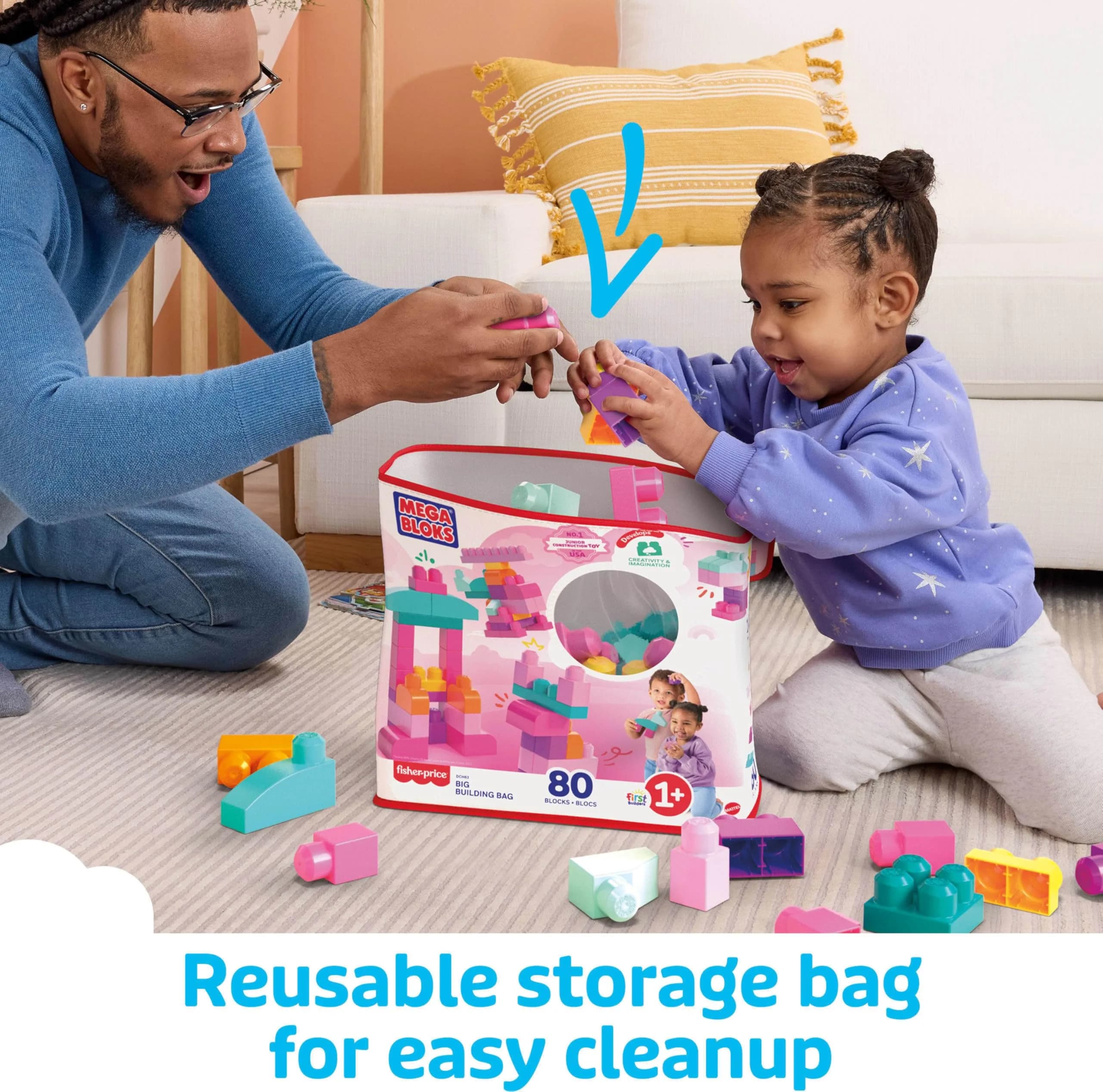 Mega Bloks First Builders Big Building Bag Toddler Toy Blocks Set, 80 Pieces, Pink | ASTM-Tested Educational Toy - view 7