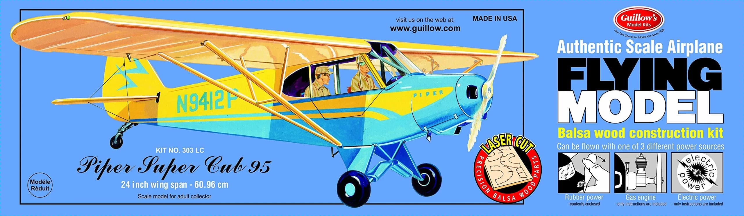 Guillow's Piper Super Cub 95 Laser Cut Model Kit Blue, Small | 61cm Wingspan, Rubber Power Motor Included - main product image