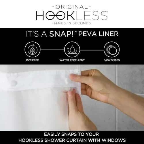 Hookless It’s A Snap! PEVA Shower Curtain Liner 54" x 70" | Water-Repellant, Easy Install, Frost White thumbnail 3