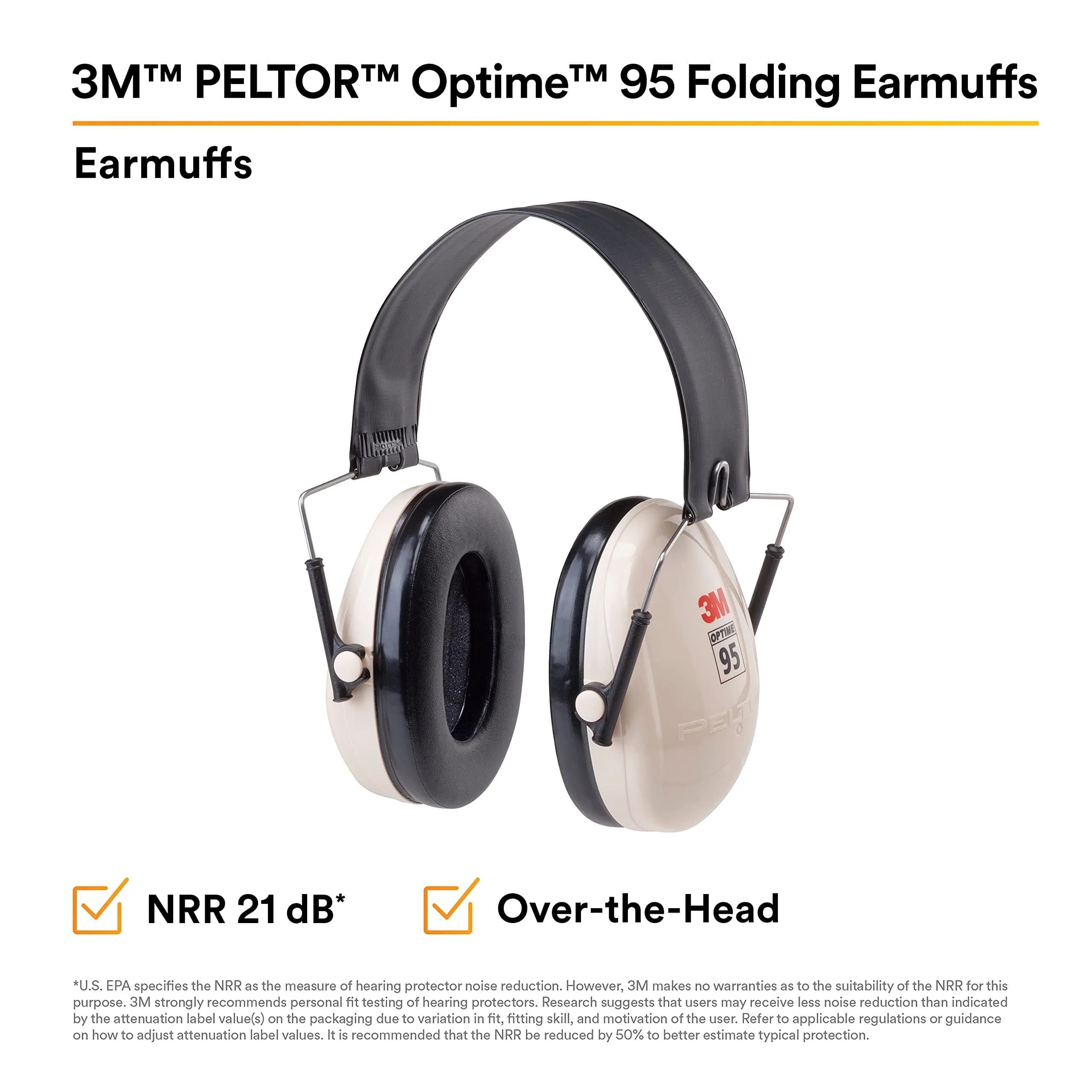 3M PELTOR Optime 95 Folding Earmuffs, Beige/Black | 21 dB NRR, Over-the-Head, Stainless Steel Headband - view 2