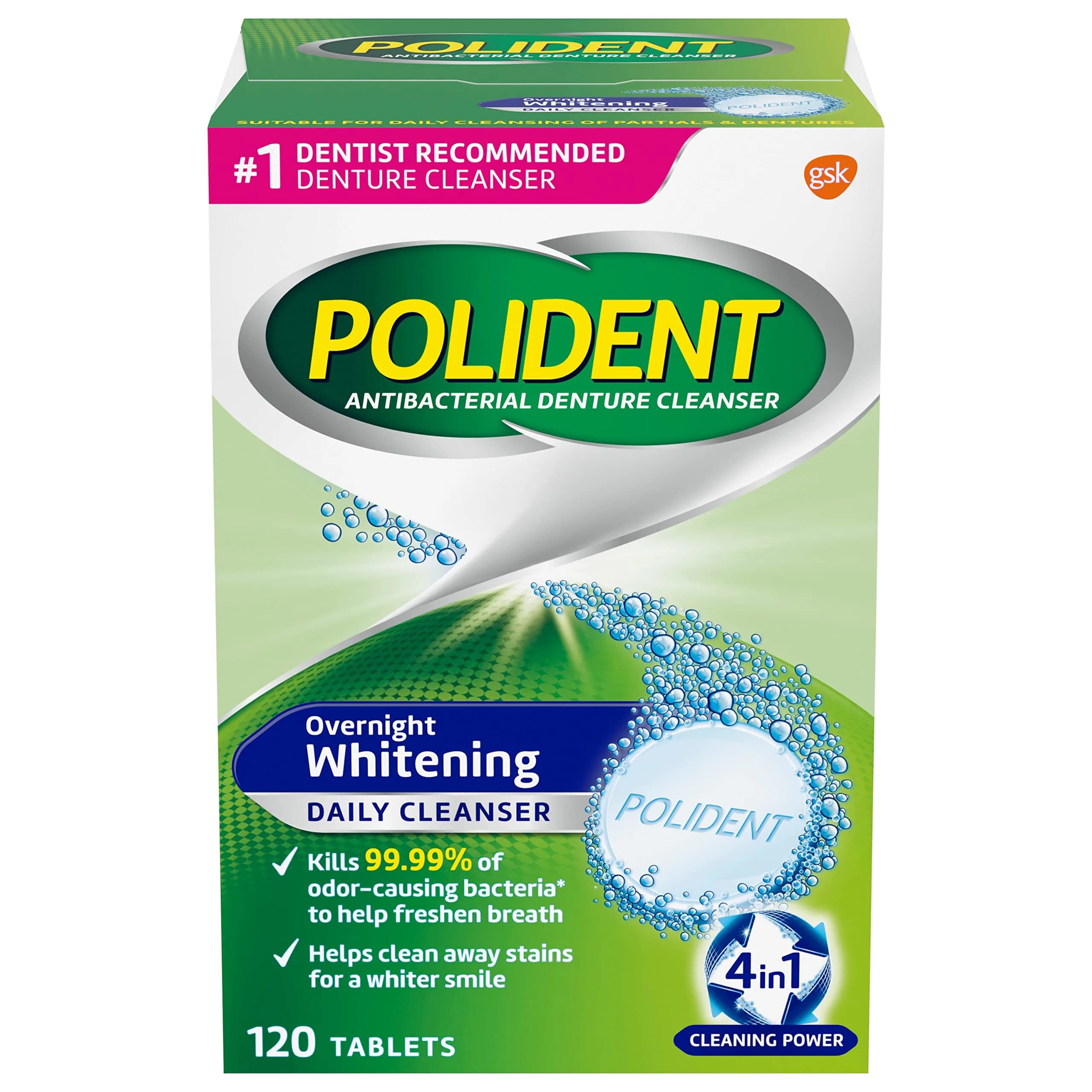Polident Overnight Whitening Denture Cleanser Tablets 120 Count | Kills 99.99% Bacteria & Viruses - main product image