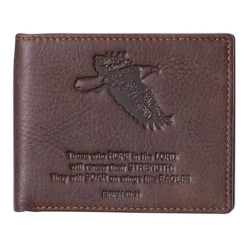 Christian Art Gifts Full Grain Leather Bifold Scripture Wallet, RFID Blocking, Wings Like Eagles, Brown | Inspirational Christian Accessory thumbnail 1