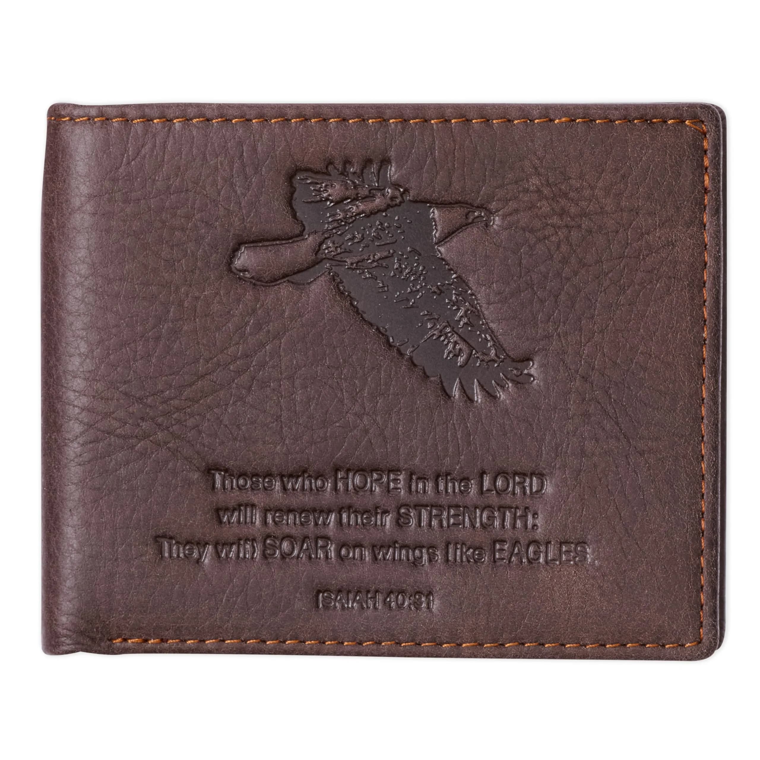 Christian Art Gifts Full Grain Leather Bifold Scripture Wallet, RFID Blocking, Wings Like Eagles, Brown | Inspirational Christian Accessory
