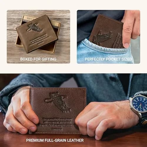 Christian Art Gifts Full Grain Leather Bifold Scripture Wallet, RFID Blocking, Wings Like Eagles, Brown | Inspirational Christian Accessory thumbnail 3