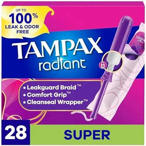Tampax Radiant Tampons Super Absorbency with LeakGuard Braid Unscented 28 Count | Reliable Protection for Heavy Flow Days thumbnail 1