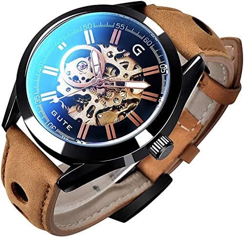 GLEIM Mechanical Skeleton Watch Self-Winding Leather Brown | Casual & Stylish (70-120 chars) thumbnail 1