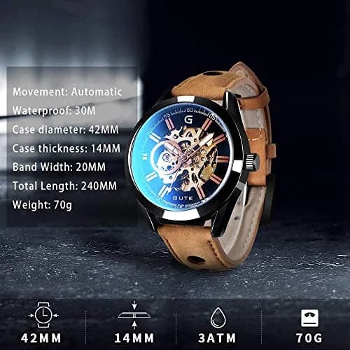 GLEIM Mechanical Skeleton Watch Self-Winding Leather Brown | Casual & Stylish (70-120 chars) thumbnail 4