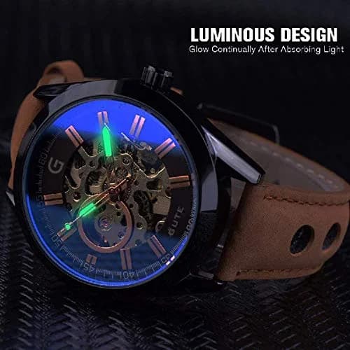 GLEIM Mechanical Skeleton Watch Self-Winding Leather Brown | Casual & Stylish (70-120 chars) thumbnail 5