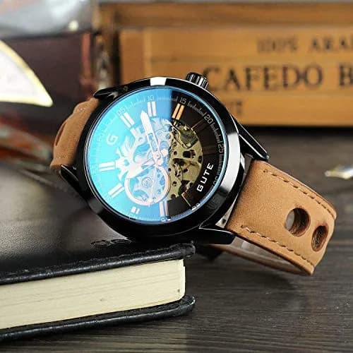 GLEIM Mechanical Skeleton Watch Self-Winding Leather Brown | Casual & Stylish (70-120 chars) thumbnail 6