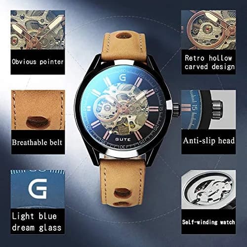 GLEIM Mechanical Skeleton Watch Self-Winding Leather Brown | Casual & Stylish (70-120 chars) thumbnail 3