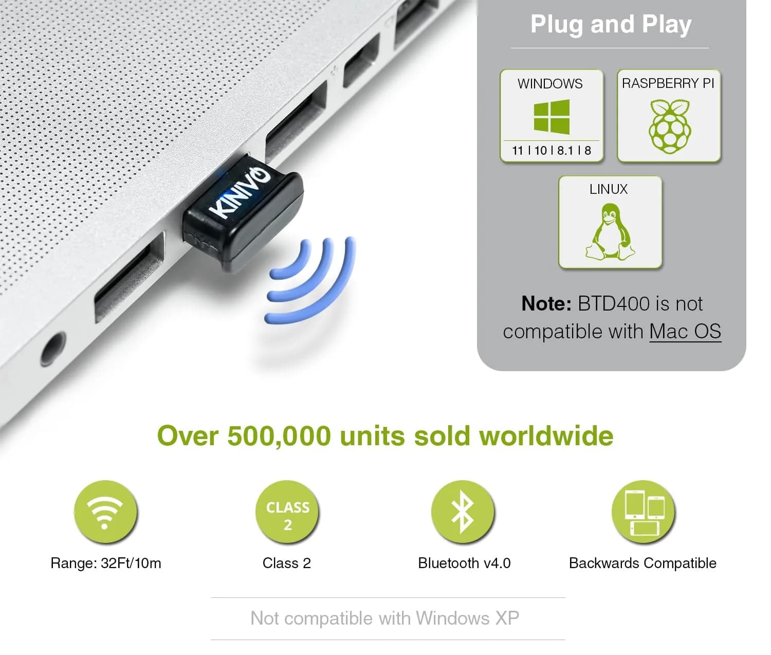 Kinivo BTD400 USB Bluetooth 4.0 Adapter Dongle | Low Energy, 10m Range, Windows/Linux Compatible - view 3