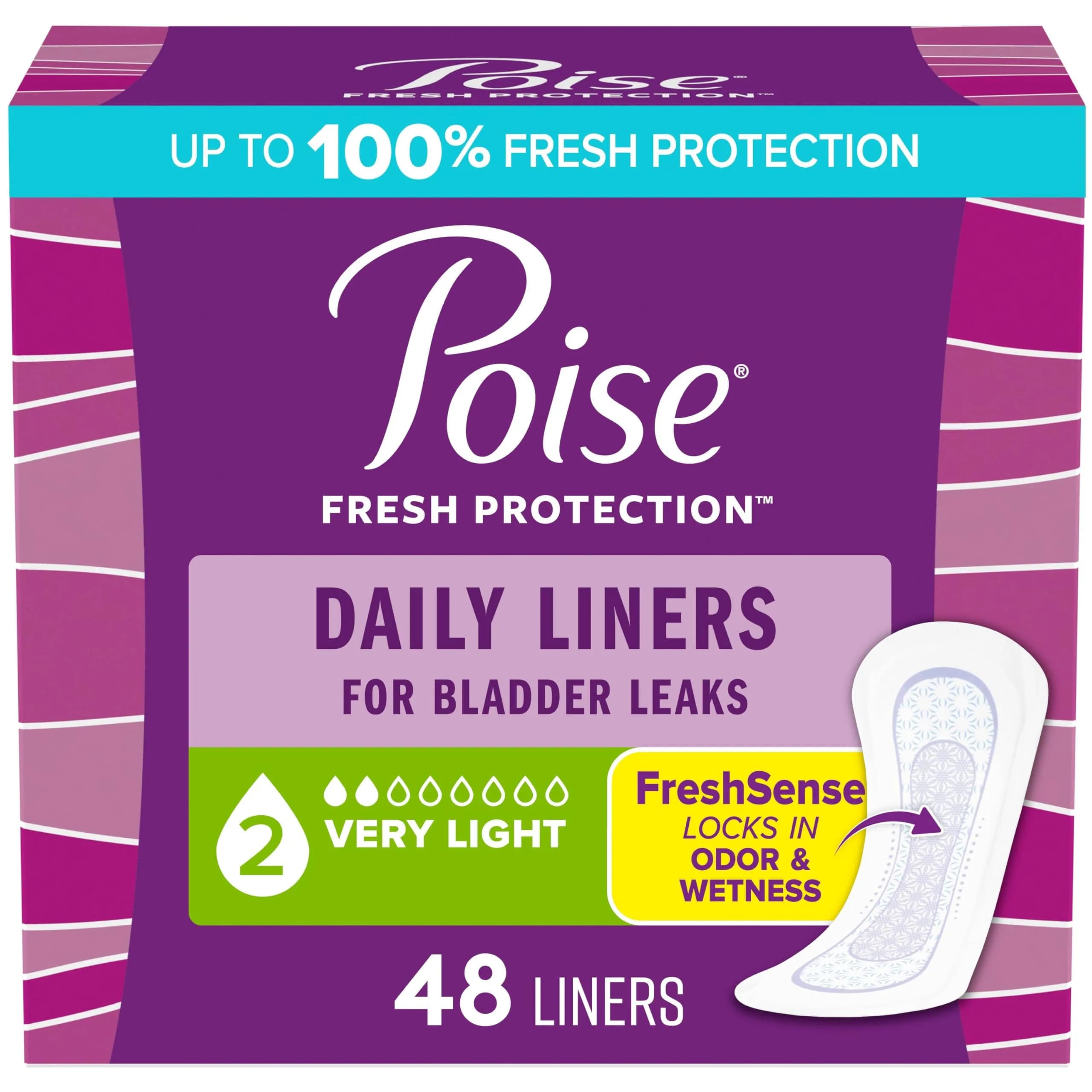 Poise Daily Liners, Incontinence Panty Liners, 48 ct | 2 Drop Very Light Absorbency, Ultra-Dry & Odor Control — Very Light