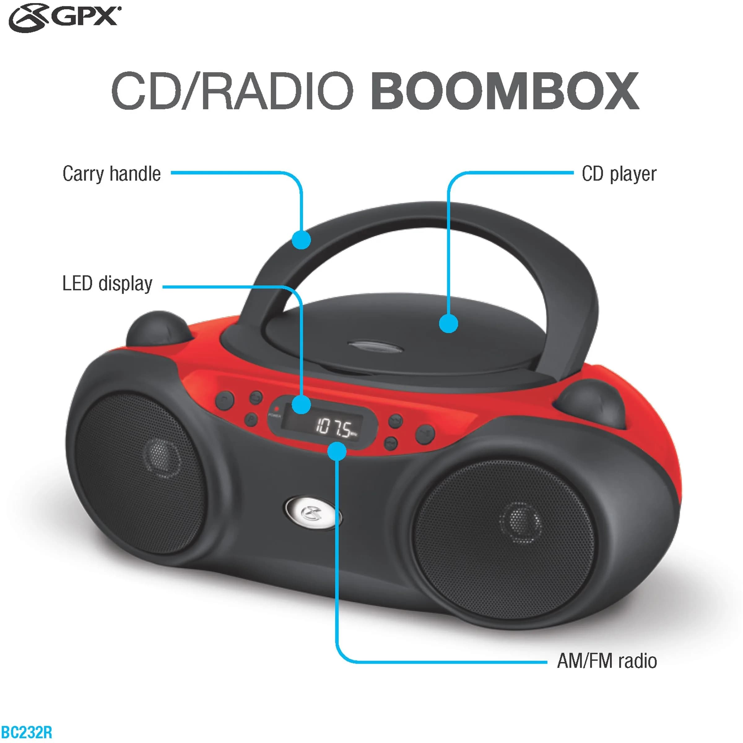 GPX Portable CD Boombox with AM/FM Radio, Stereo Speakers & Headphone Jack, Red/Black | Top-Loading CD Player, AM/FM Radio, Stereo Speakers, AC or Battery Power - view 7