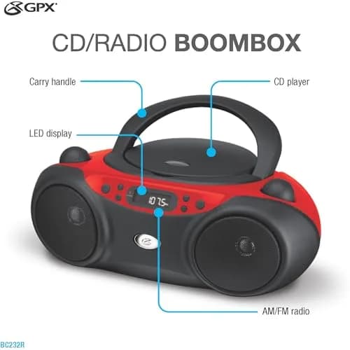 GPX Portable CD Boombox with AM/FM Radio, Stereo Speakers & Headphone Jack, Red/Black | Top-Loading CD Player, AM/FM Radio, Stereo Speakers, AC or Battery Power thumbnail 7