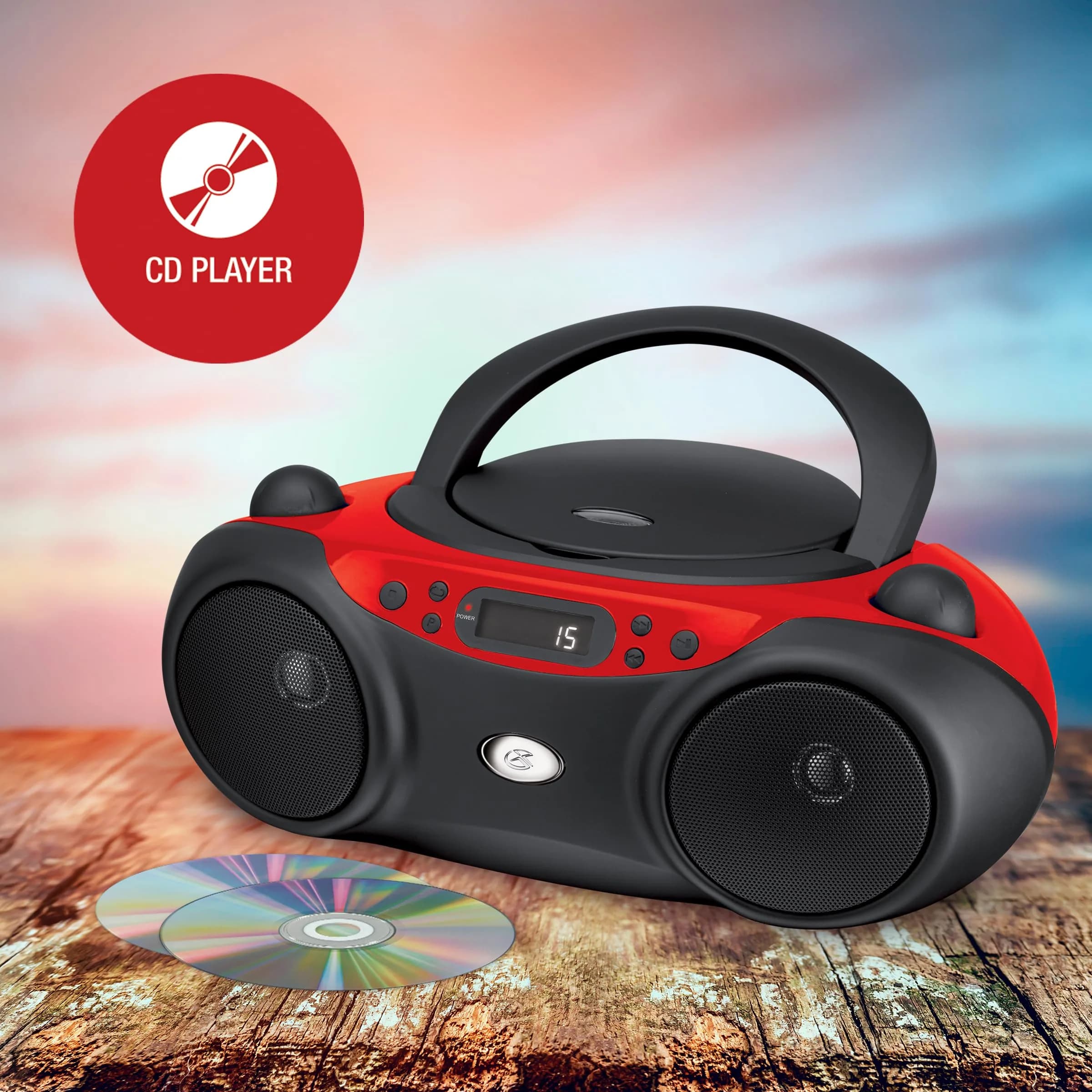 GPX Portable CD Boombox with AM/FM Radio, Stereo Speakers & Headphone Jack, Red/Black | Top-Loading CD Player, AM/FM Radio, Stereo Speakers, AC or Battery Power - view 2