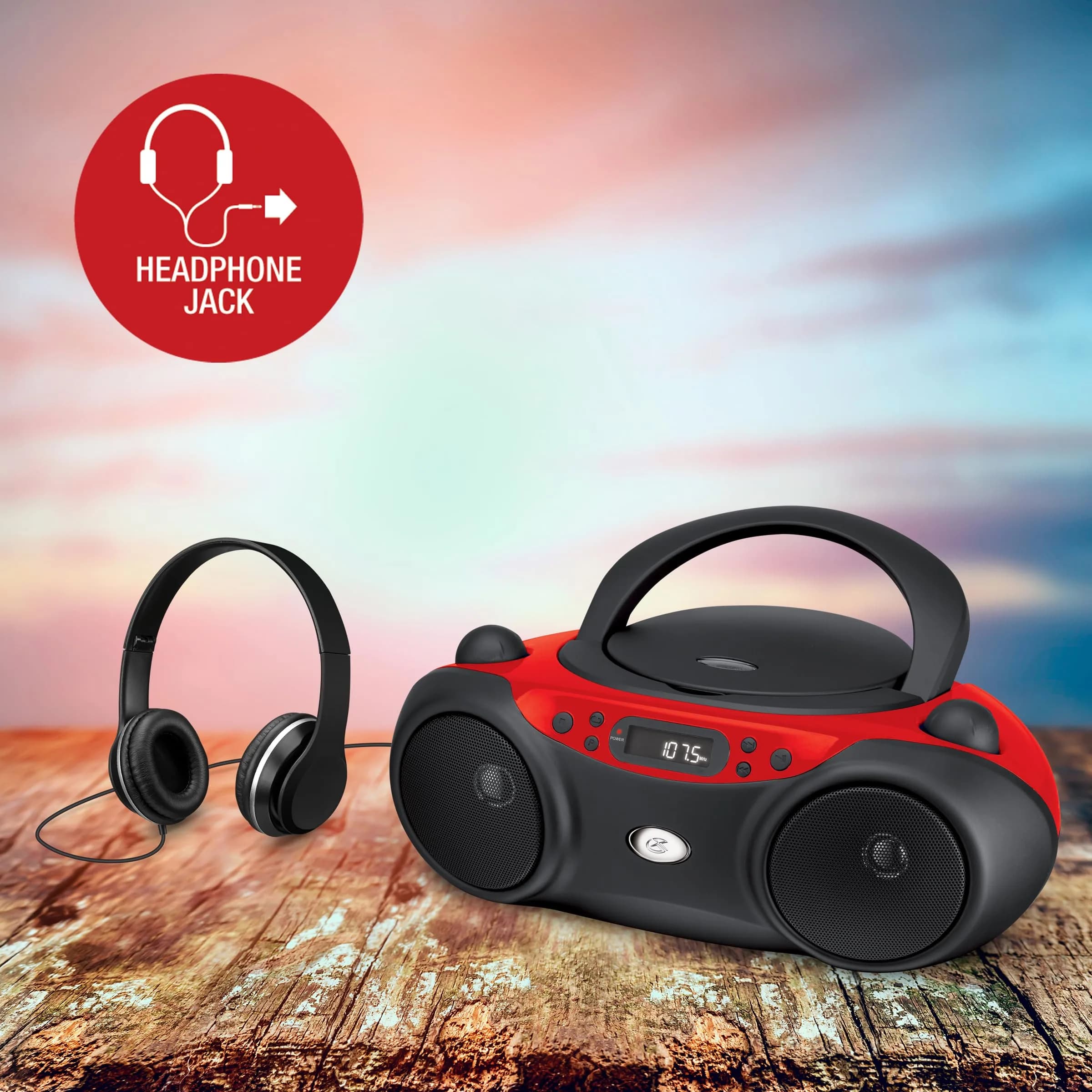GPX Portable CD Boombox with AM/FM Radio, Stereo Speakers & Headphone Jack, Red/Black | Top-Loading CD Player, AM/FM Radio, Stereo Speakers, AC or Battery Power - view 3