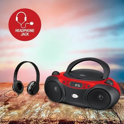 GPX Portable CD Boombox with AM/FM Radio, Stereo Speakers & Headphone Jack, Red/Black | Top-Loading CD Player, AM/FM Radio, Stereo Speakers, AC or Battery Power thumbnail 3