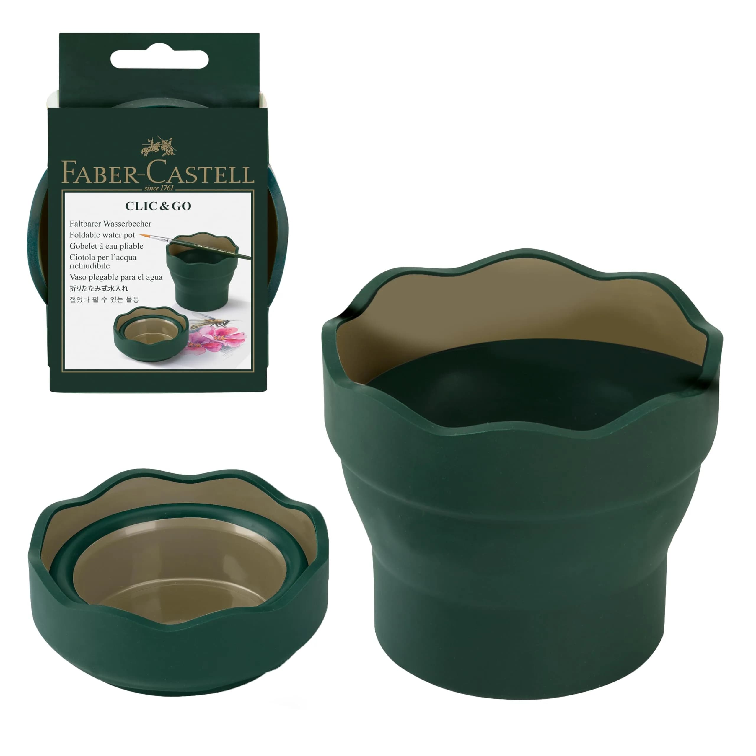 Faber-Castell Clic & Go Collapsible Water Cup | 350ml (12 oz) Dark Green Silicone Brush Rinser with Brush Stand & Palette - main product image