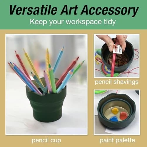 Faber-Castell Clic & Go Collapsible Water Cup | 350ml (12 oz) Dark Green Silicone Brush Rinser with Brush Stand & Palette thumbnail 4
