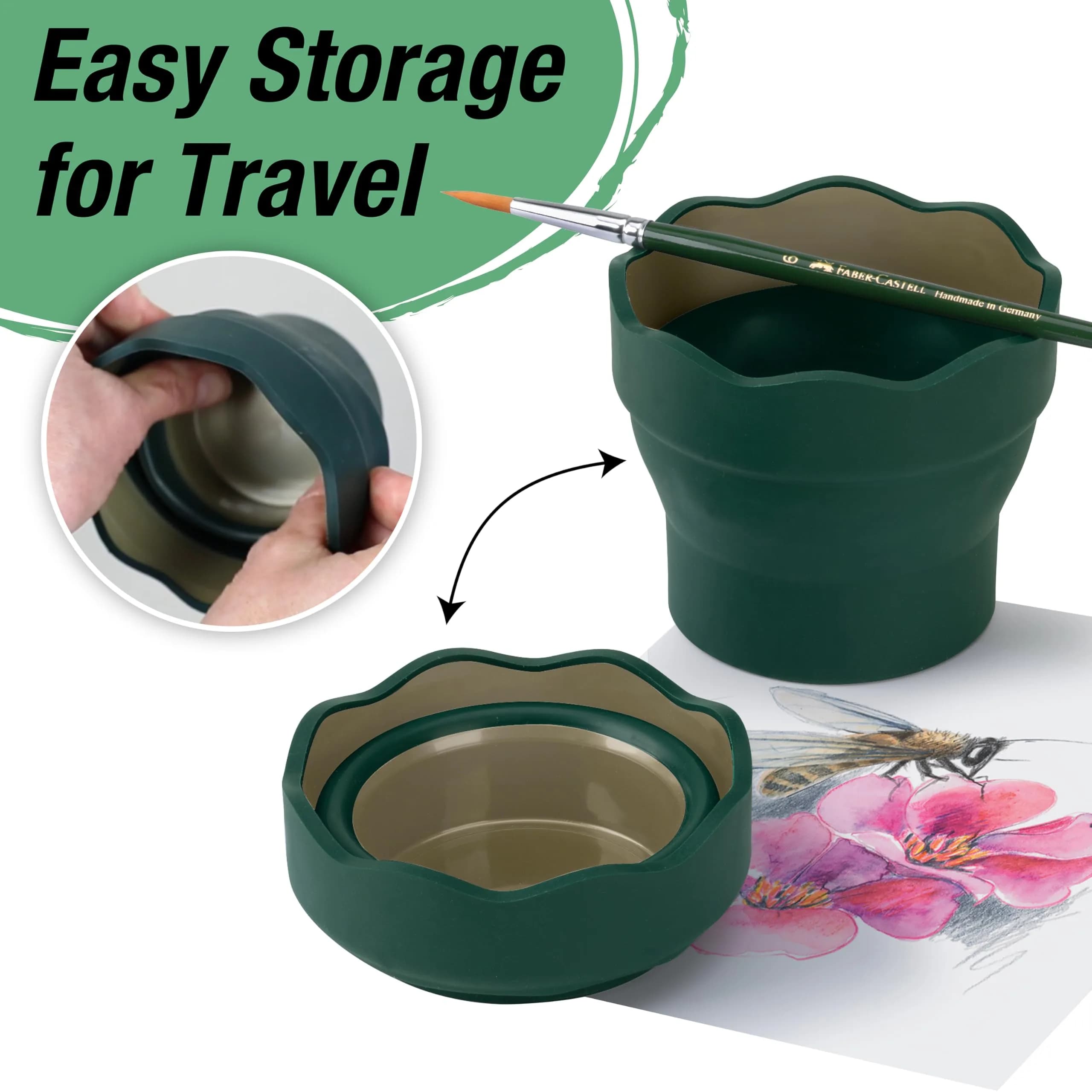Faber-Castell Clic & Go Collapsible Water Cup | 350ml (12 oz) Dark Green Silicone Brush Rinser with Brush Stand & Palette - view 3