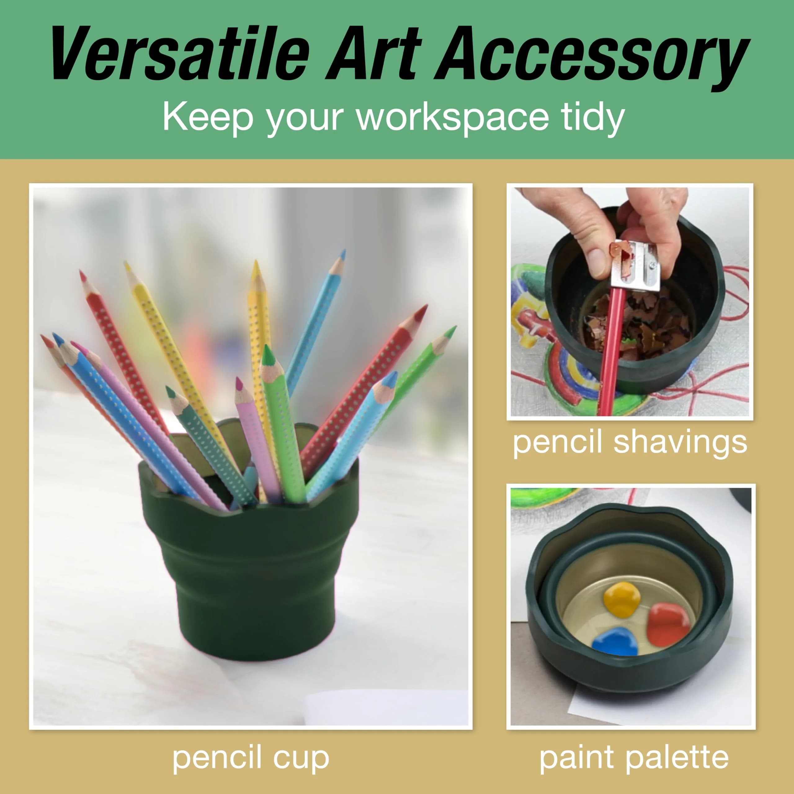 Faber-Castell Clic & Go Collapsible Water Cup | 350ml (12 oz) Dark Green Silicone Brush Rinser with Brush Stand & Palette - view 4