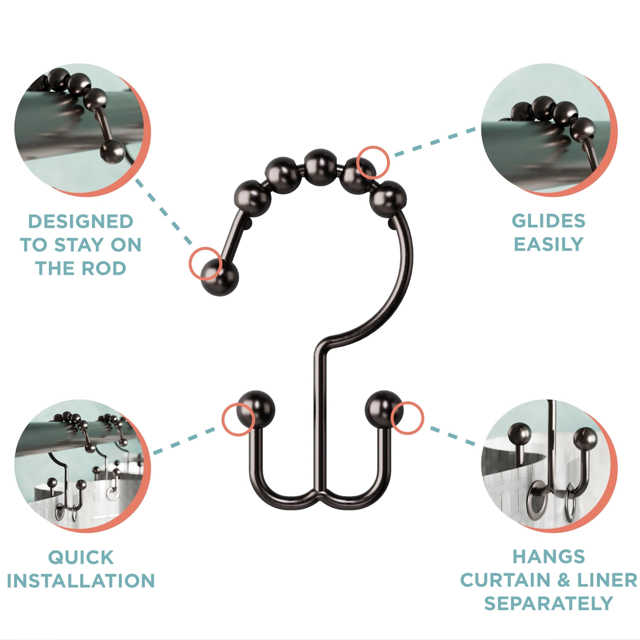 Zenna Home Metal Double Glide Shower Rings, Oil Rubbed Bronze – Set of 12 | Rust-Resistant Hooks for Curtains and Liners - view 3