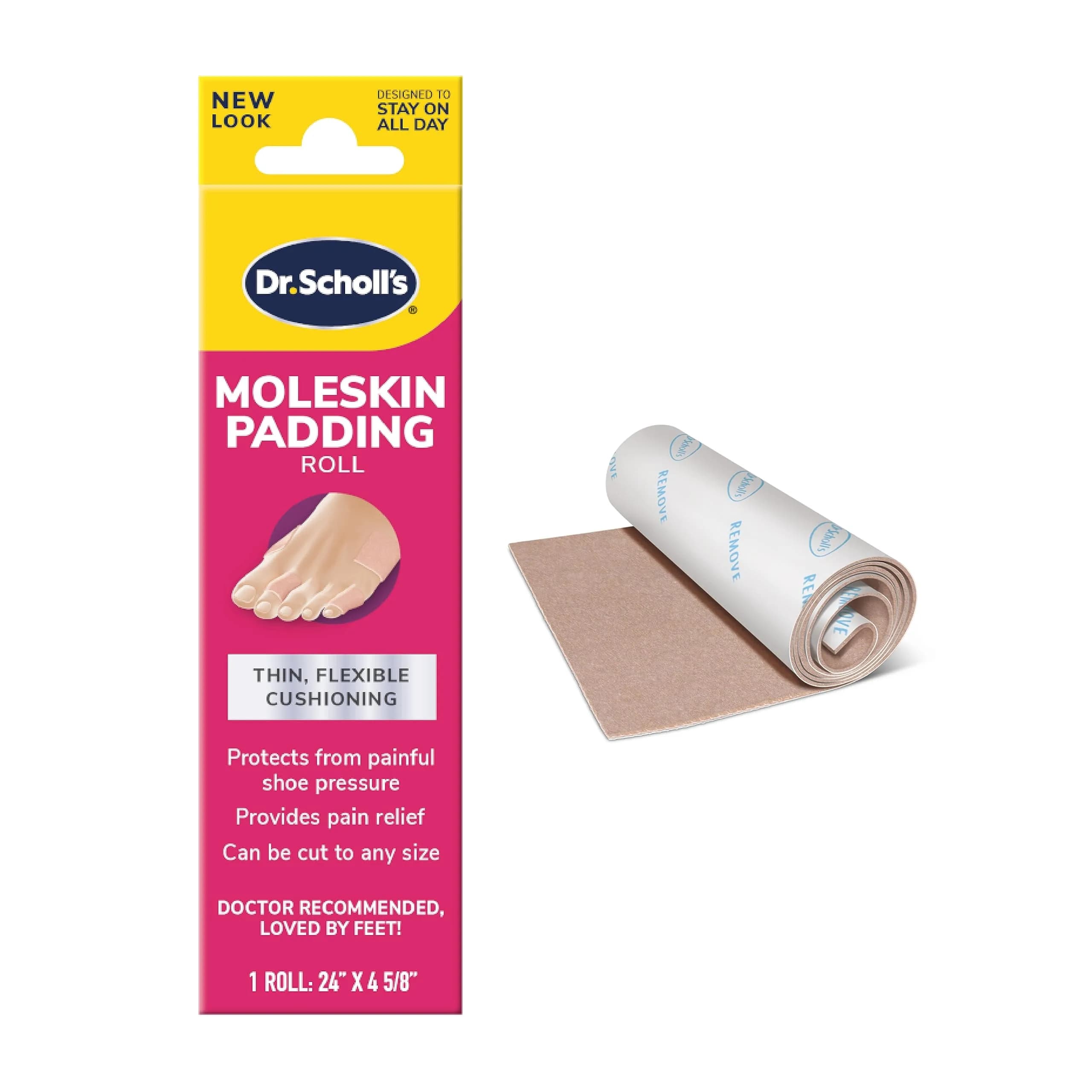 Dr. Scholl's Moleskin Padding Roll, Flexible Cushioning, 24" x 4 5/8" | Soft Cotton Padding for Foot Pain Relief