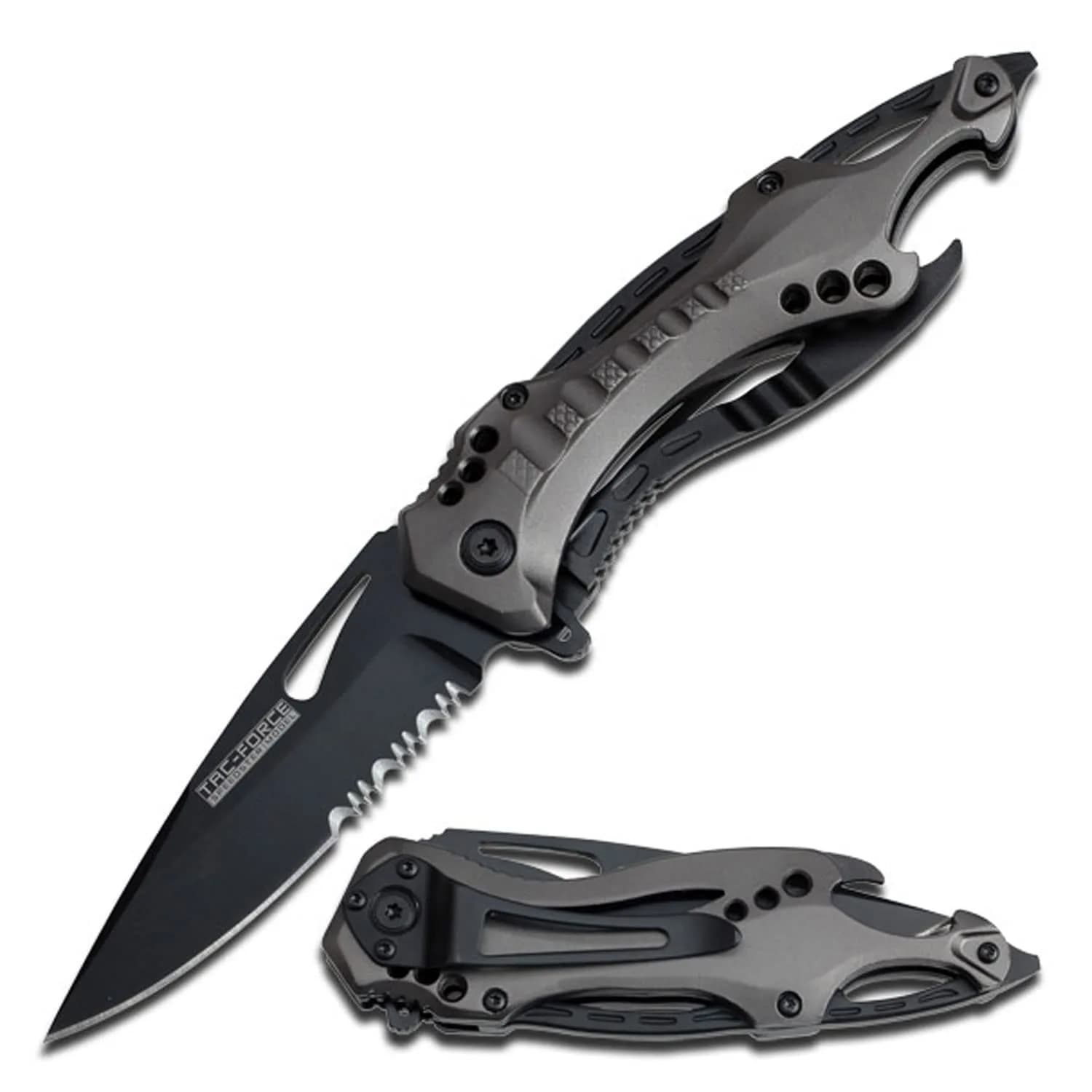 Tac-Force Folding Pocket Knife 3.25-inch Serrated Blade | Grey Aluminum Handle, 7.75-inch Overall - main product image
