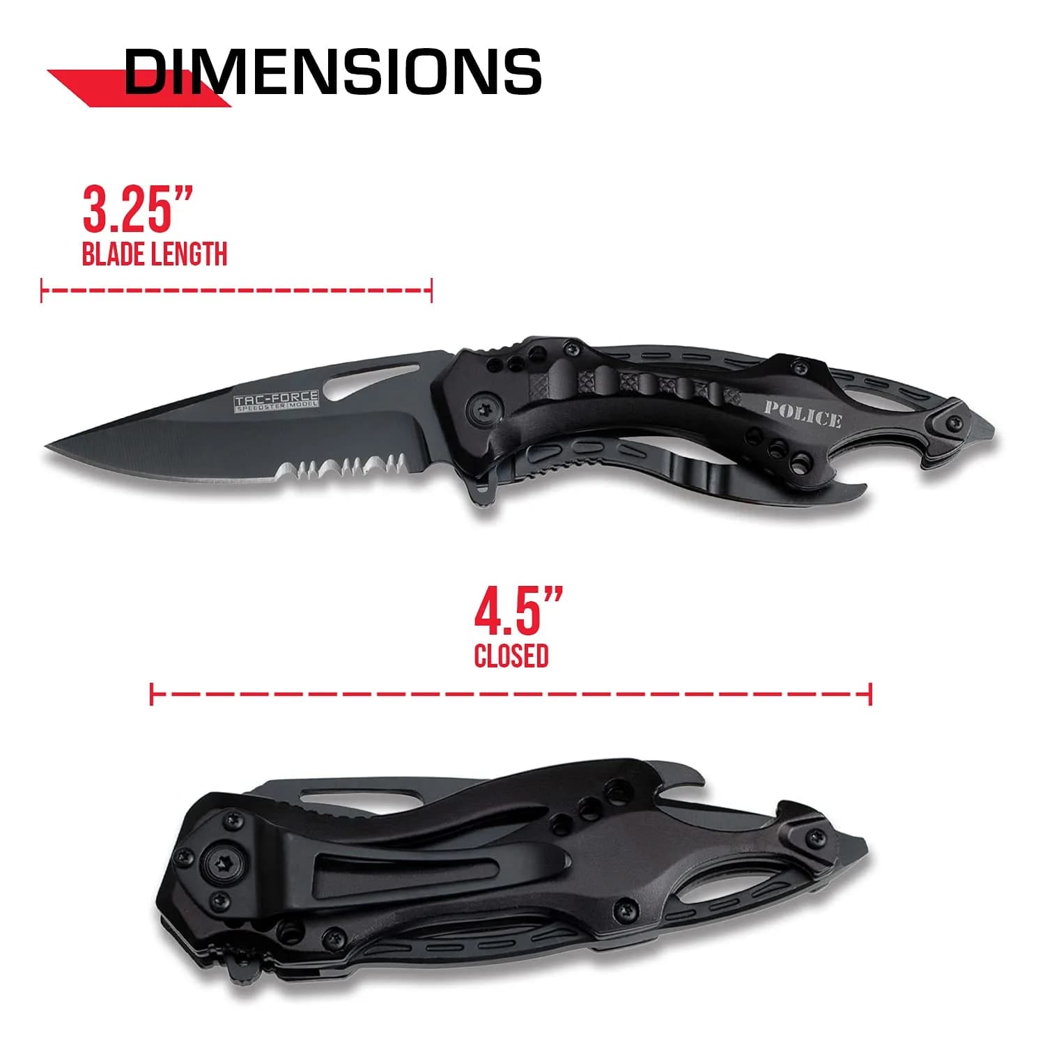 Tac-Force Folding Pocket Knife 3.25-inch Serrated Blade | Black Aluminum Handle, 7.75-inch Overall Length thumbnail 2