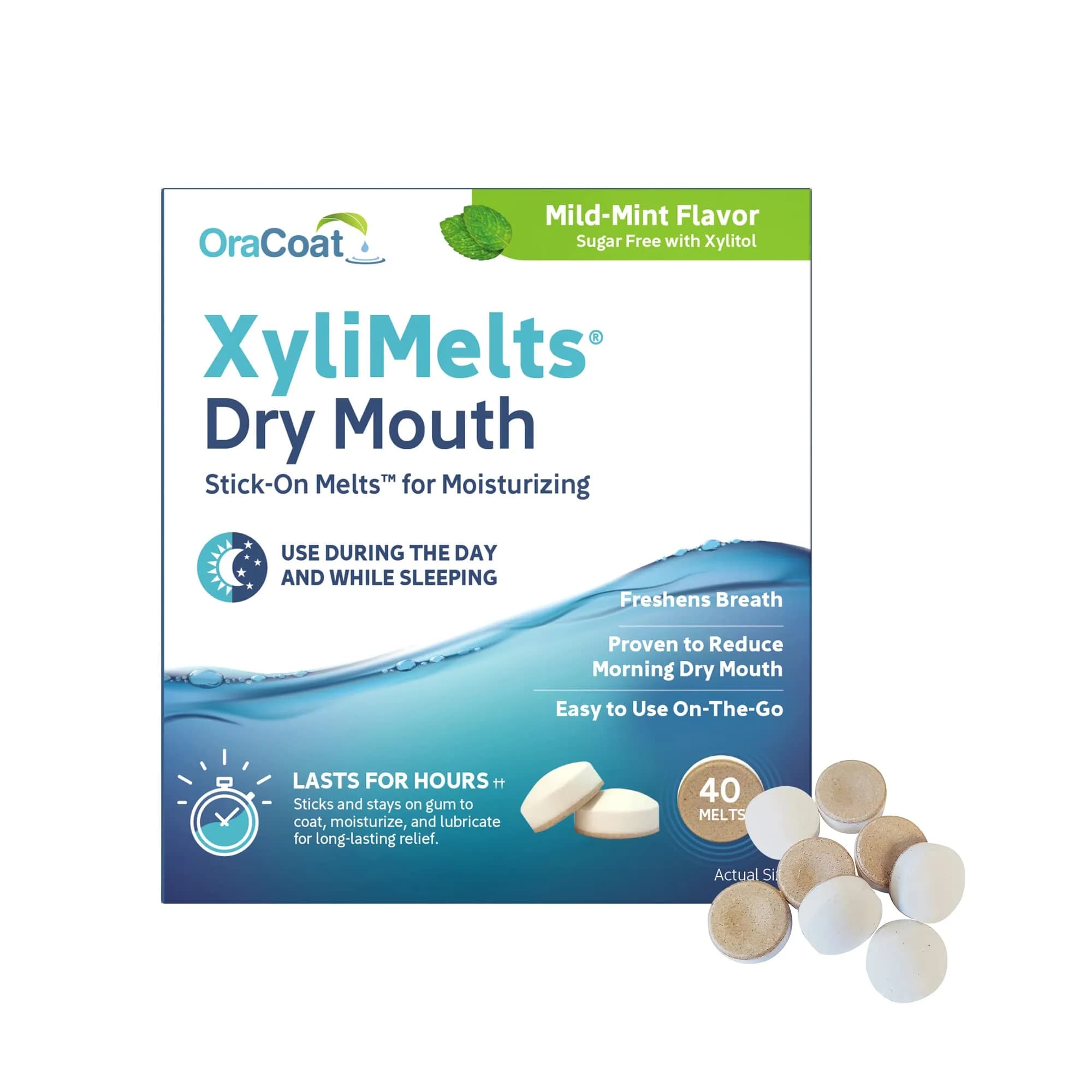 Oracoat XyliMelts Dry Mouth Relief Discs 40 Count | Long-Lasting Moisturizer with Xylitol, Mild Mint Flavor