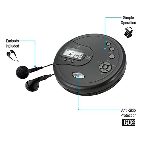 GPX PC332B Portable CD Player with FM Radio & Earbuds | Black thumbnail 2