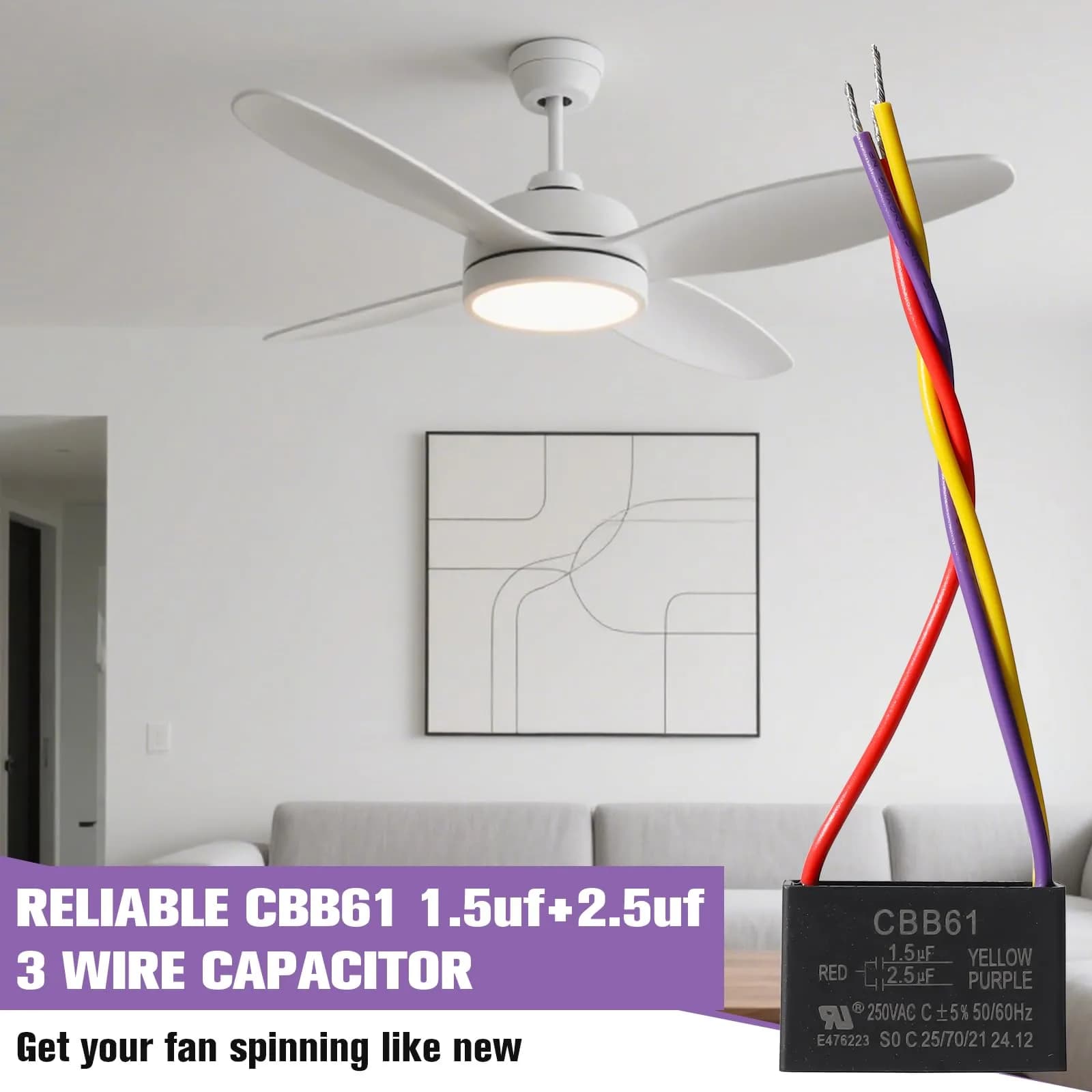 Podoy CBB61 Ceiling Fan Capacitor 1.5µf+2.5µf Dual Run 250V AC | 2-Pack Replacement for Motor Start - view 7