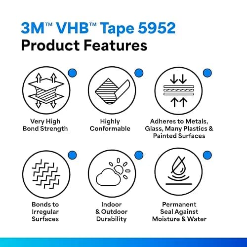 3M VHB Tape 5952 Heavy Duty Mounting Tape 2 in x 15 yd (5.49 m) | Acrylic Foam Core, Black, Waterproof thumbnail 2