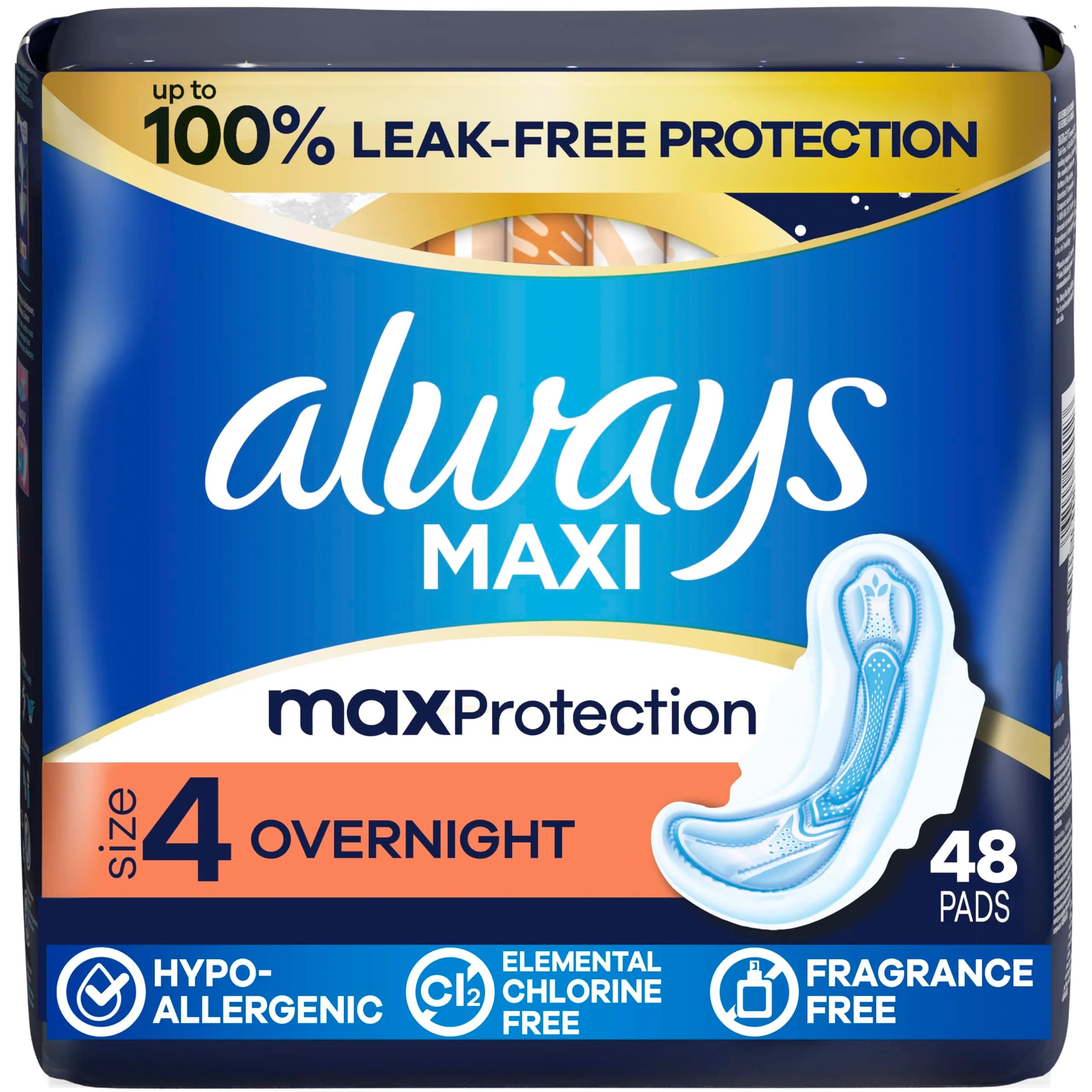 Always Maxi Overnight Feminine Pads with Wings for Women, Size 4, Overnight Absorbency, Unscented, Leak-Free Protection, 48 Count | Long-lasting overnight coverage — White
