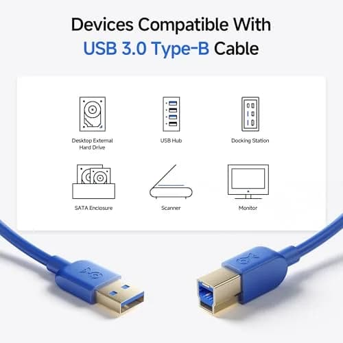 Cable Matters USB 3.0 A to B Cable 10ft | 5Gbps Data Transfer, Blue, Durable, Compatible with External Hard Drives & Monitors thumbnail 3
