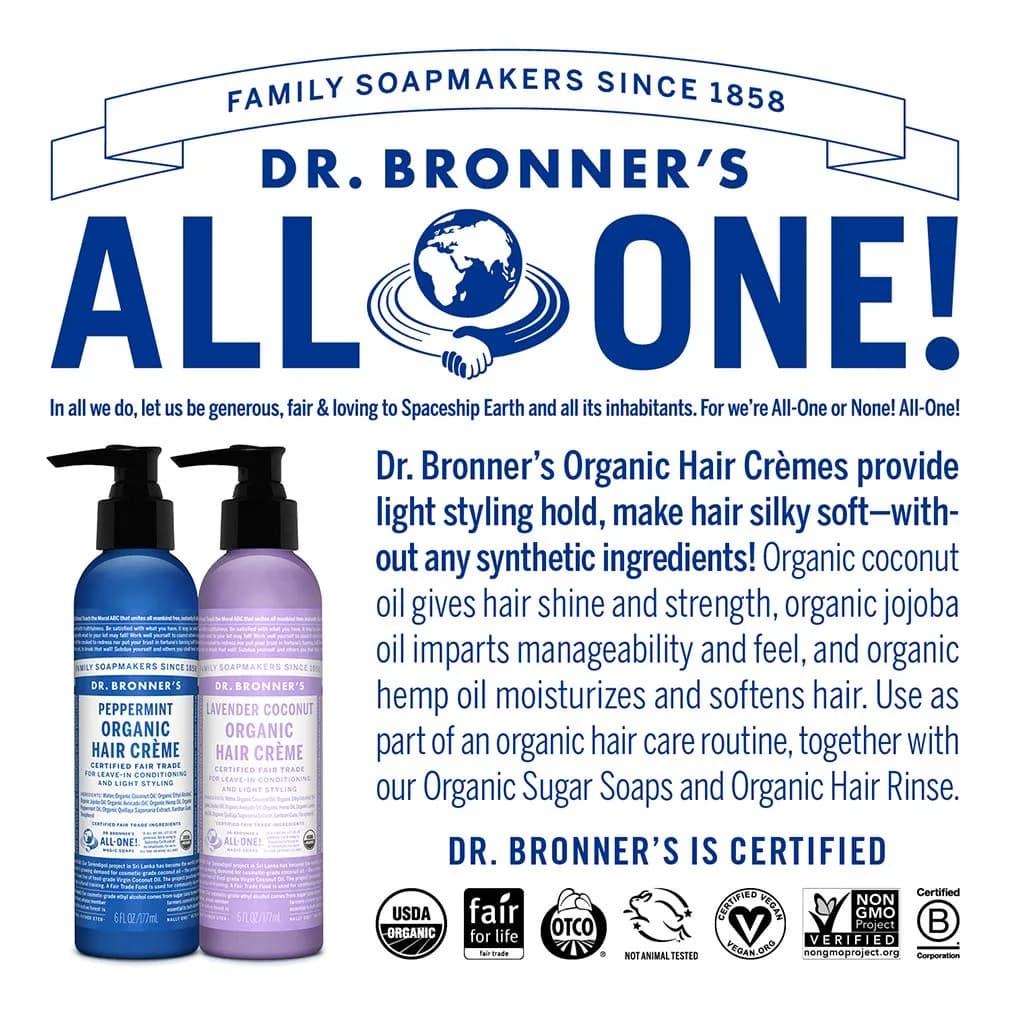 Dr. Bronner's Organic Hair Creme Lavender Coconut 177ml (6 Fl Oz) | USDA Organic & Fair Trade Ingredients - view 5