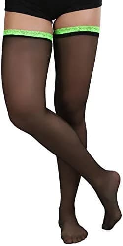 ToBeInStyle Women's Sheer Laced Thigh Hi Stocking | One Size Black with Neon Green Lace thumbnail 5