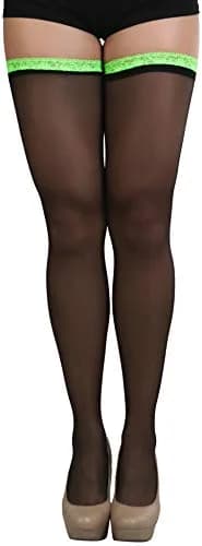 ToBeInStyle Women's Sheer Laced Thigh Hi Stocking | One Size Black with Neon Green Lace thumbnail 6