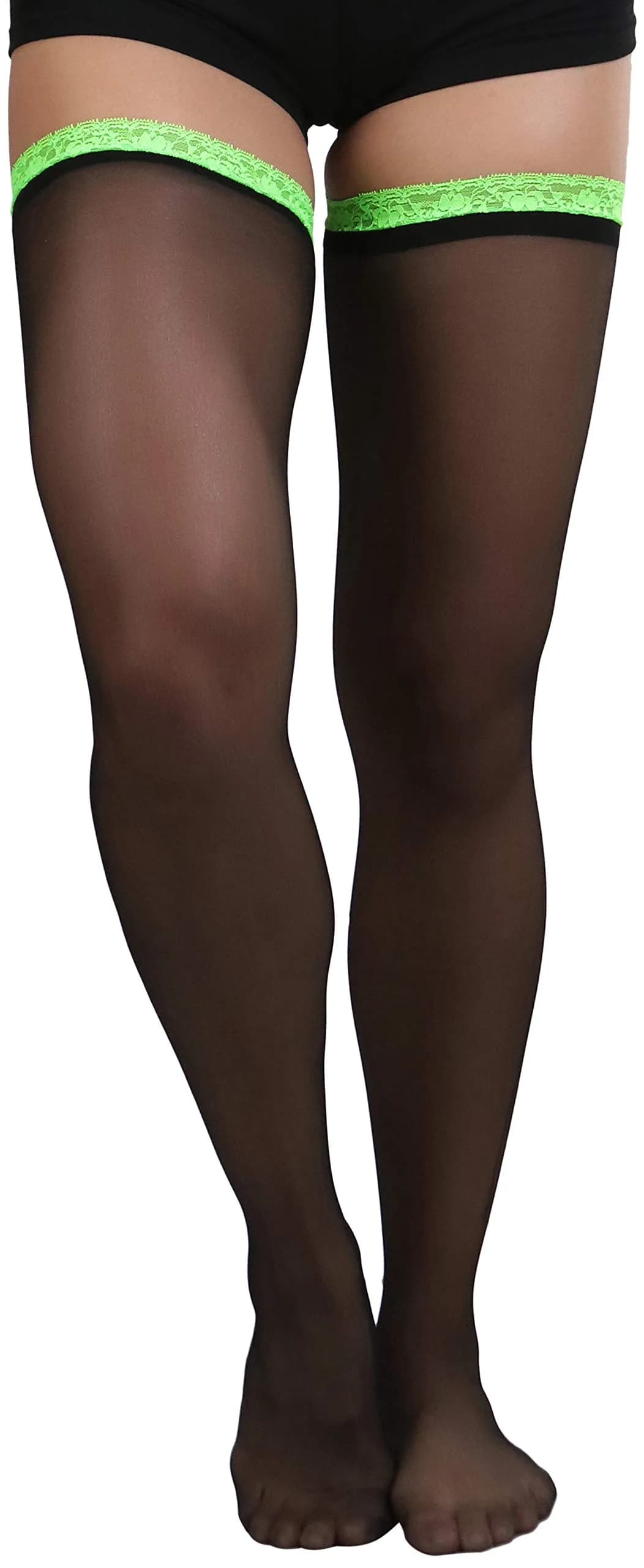 ToBeInStyle Women's Sheer Laced Thigh Hi Stocking | One Size Black with Neon Green Lace — Sheer W/ Contrast Lace Top: Neon Green