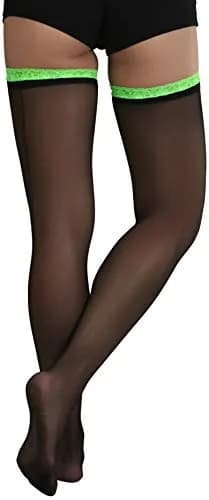 ToBeInStyle Women's Sheer Laced Thigh Hi Stocking | One Size Black with Neon Green Lace thumbnail 2