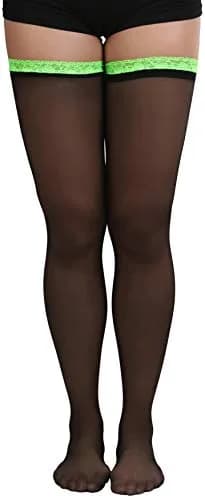 ToBeInStyle Women's Sheer Laced Thigh Hi Stocking | One Size Black with Neon Green Lace thumbnail 3